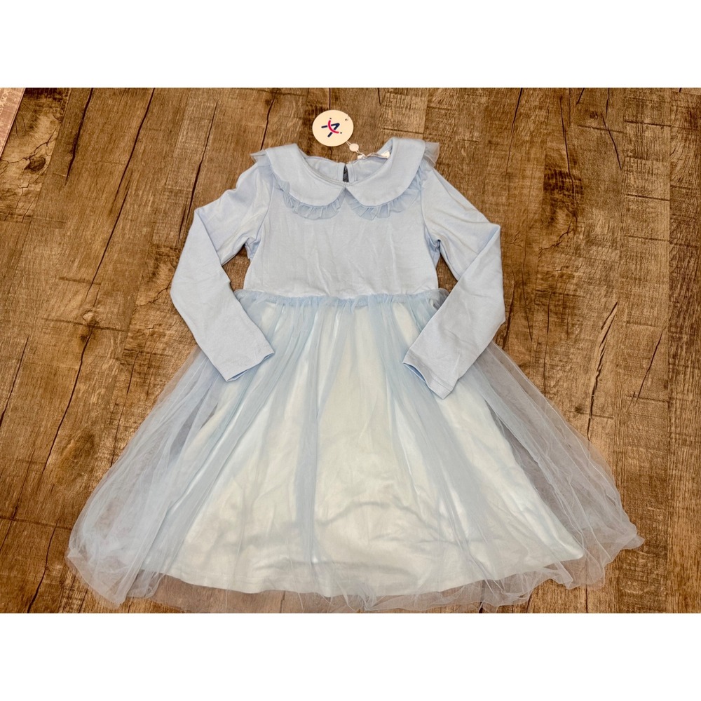 Arshiner Girls Light Blue Long Sleeve Tutu Dress Peter Pan Collar Size 110 NEW